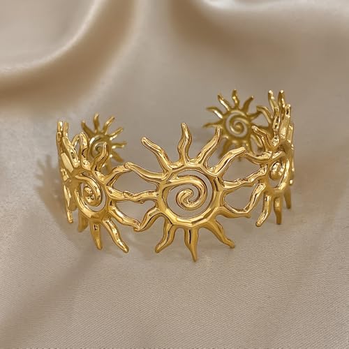 Chunky Gold Sun Cuff Bracelet for Women – Boho Spiral Sun Statement Jewelry, Stainless Steel Adjustable Wide Metal Bangle for Holiday Fashion - color: Gold