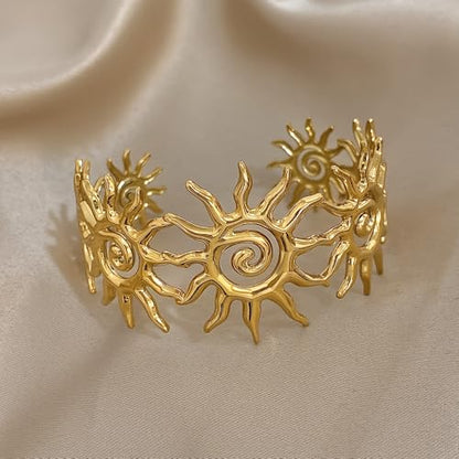 Chunky Gold Sun Cuff Bracelet for Women – Boho Spiral Sun Statement Jewelry, Stainless Steel Adjustable Wide Metal Bangle for Holiday Fashion - color: Gold