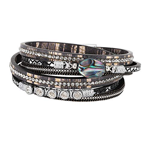 Emibele Layered Leather Bracelet, Rivet Leopard Print Bohemian Style Multilayer Wrap Bracelet, Handmade Agate Amethyst Chakra Crystal Glass Beaded Shell Bracelet for Women - color: Black