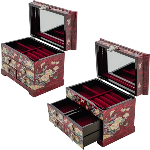 February Mountain Mother of Pearl Wooden Jewelry Organizer Box – Jewelry Storage Box for Women, Features Spacious Drawers, Ideal for Rings, Bracelets, Watches, Chains, Accessories - style: Peony_Red