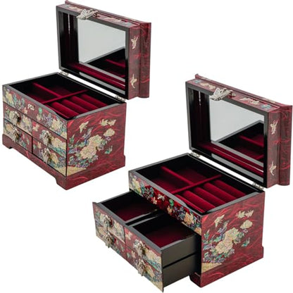 February Mountain Mother of Pearl Wooden Jewelry Organizer Box – Jewelry Storage Box for Women, Features Spacious Drawers, Ideal for Rings, Bracelets, Watches, Chains, Accessories - style: Peony_Red