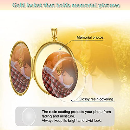 SOULMEET 10K 14K 18K Solid White Gold/Silver Minimalist Style/Infinity Sunflower Heart/Oval Locket Necklace That Holds 1 or 2 Pictures Personalized Photo Locket Necklace Letters Engraving - style: E1-Gold oval locket+photo+text