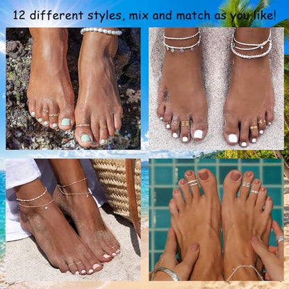 Honsny 12PCS Gold/Silver Toe Rings for Women Adjustable Non Tarnish Ring | Stackable Rings for Women, Toe Ring Set, Open Band, Flower Cubic Zirconia Rings, Beach Summer Foot Jewelry, 14K Gold Plated - color: Silver