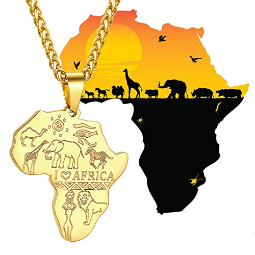 GOLDCHIC JEWELRY Africa Map Necklace for Men, Stainless Steel African Tribal/Egyptian Eye of Horus/I LOVE AFRICA/Elephant Map Hiphop Jewelry Unisex with 22'+2'Adjustable Chain - color: Animals - Gold, style: No Customization