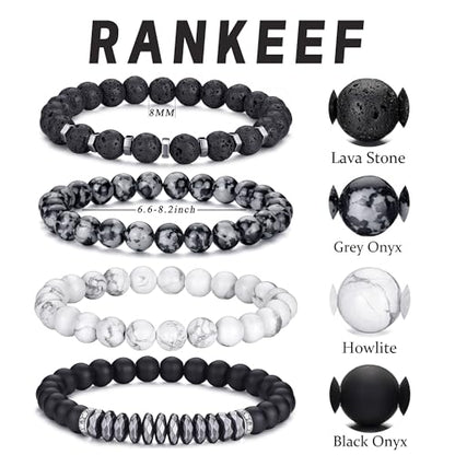 Mens Beaded Bracelets Set 8MM Tiger Eye Lava Stone Stretch Natural Stone Men's Bead Bracelet Mens Bracelet - color: 4,black,gray,white bracelet