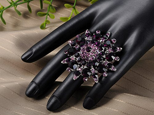 Alilang Adustable Silver Blue Purple Iridescent Crystal Rhinestones Snowflake Flower Floral Ring - color: Purple