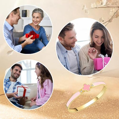 Clover Bracelets for Women Gold and Silver Chunky Oval Clover Bangle | 18k Gold Plated Stainless Steel,Precision Polished Non Tarnish,Black/White/Red/Pink/Orange Clover Bracelet Gifts for Women - color: Pink