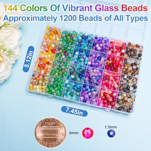 XSEINO About 144 Colors 1200PCS 6mm Glass Beads Bracelet Making Set, 6 Styles of Mixed Crack Beads for Bracelets, Jewelry, and DIY Making - color: Mixed Crackle Beads