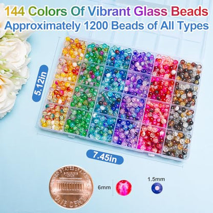 XSEINO About 144 Colors 1200PCS 6mm Glass Beads Bracelet Making Set, 6 Styles of Mixed Crack Beads for Bracelets, Jewelry, and DIY Making - color: Mixed Crackle Beads