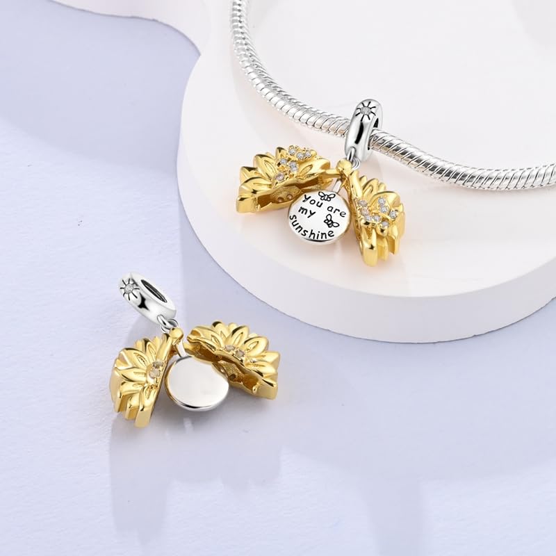 CYCUFF 925 Sterling Silver Charms Suitable for Bracelet Pendants Beads, Charm Necklaces Jewellery Gift for Women - color: Sunflower Charm With Opening And Closing