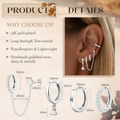4 Pairs Small Hoop Earrings for Women 14K Gold Plated | Trendy Chain Drop Earrings Set, Hypoallergenic CZ Huggie Hoops, Lightweight Cartilage Earring Stacks - color: Silver Plated-dangle hoop
