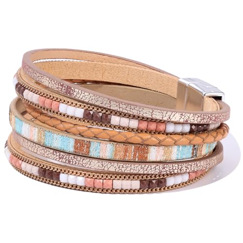 Boho Leather Wrap Bracelets Beaded Stackable Cuff Bracelet Country Concert Outfits Cowboy Cowgirl Western Jewelry Gifts for Women - color: 2layer-Brown
