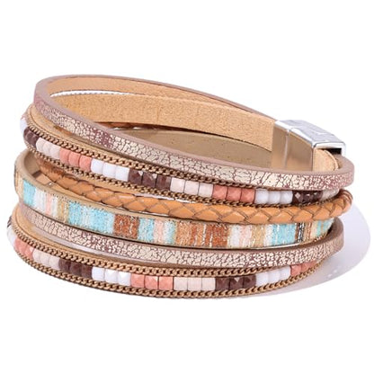 Boho Leather Wrap Bracelets Beaded Stackable Cuff Bracelet Country Concert Outfits Cowboy Cowgirl Western Jewelry Gifts for Women - color: 2layer-Brown