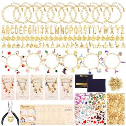 Wurosi 413Pcs Gold Charm Paperclip Charm Bracelet Making Kit for Beginner | Including Paperclip Chain Bracelets, Charms, Jump Rings, Gift Bags, Pliers for Crafts Beginner Supplies Gift - color: 413 Pcs Gold Bracelet