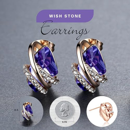 Gifts for Women, Wish Stone Stud Earrings with Birthstone Crystals, 18K Rose Gold Plated or Silver-tone - color: 102-February Birthstone-Tanzanite Purple-Rose Gold Plated
