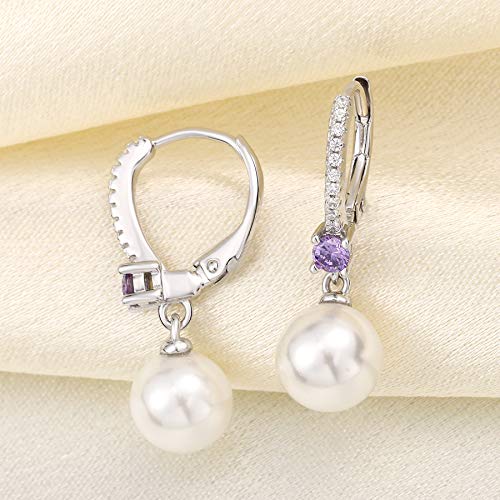 JO WISDOM 925 Sterling Silver Freshwater Pearl Hoop Earrings with Dangle Real Pearl,Simulated Pearls - color: B-8mm white pearl,amethyst color
