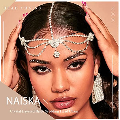 NAISKA Silver Rhinestone Layered Head Chain Jewelry for Women Long Tassel Crystal Rhinestones Cap Headpiece Bridal Wedding Party Belly Dance Rhinestone Flapper Headwear Accessories for Women and Teen