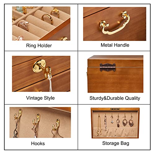 Changsuo Wooden Jewelry Box for Women, Organizer Box of Solild Wood with Combo Lock for Jewelries, Watches, Necklace, Ring, Storage Box (Light Brown)