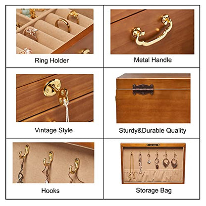 Changsuo Wooden Jewelry Box for Women, Organizer Box of Solild Wood with Combo Lock for Jewelries, Watches, Necklace, Ring, Storage Box (Light Brown)