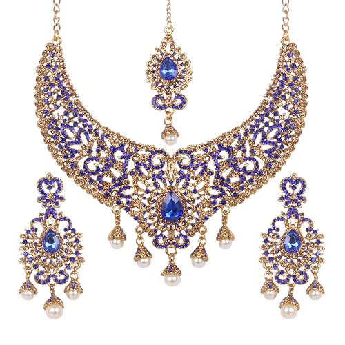 Touchstone Indian jewelry sets for women tikka wedding necklace costume guest statement bollywood rhinestones crystal faux pearls gold big royal neck piece set bridal fashion accessories - color: Blue