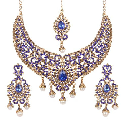 Touchstone Indian jewelry sets for women tikka wedding necklace costume guest statement bollywood rhinestones crystal faux pearls gold big royal neck piece set bridal fashion accessories - color: Blue