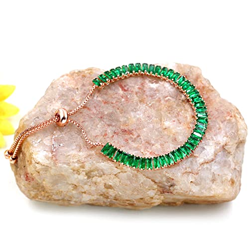 Uloveido Classic Emerald Cut Rectangular Cubic Zirconia Eternity Tennis Bracelet Adjustable for Women Y1788 - color: Rose Gold-Dark Green