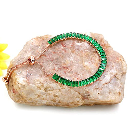 Uloveido Classic Emerald Cut Rectangular Cubic Zirconia Eternity Tennis Bracelet Adjustable for Women Y1788 - color: Rose Gold-Dark Green