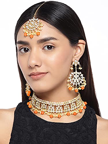 Aheli Elegant Indian Faux Kundan Studded Choker Necklace with Maang Tikka Set Ethnic Wedding Wear Bharatanatyam jewellery set Gift for Women - color: Orange