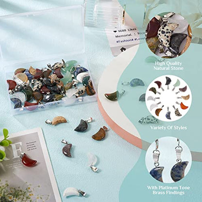 48pcs Moon Shape Stone Pendants 12 Styles Mixed Natural Gemstone Charms Healing Crystal Charms for Jewelry Making Necklace Bracelet Earring - color: 1-Mixed Color-Moon-12 Styles