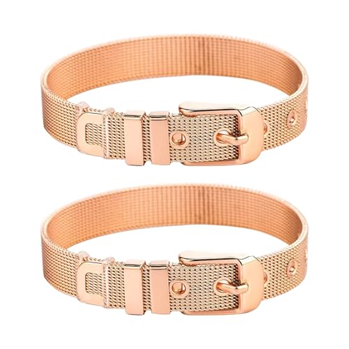 Stainless Steel Mesh Bracelet Wristband 8mm Wide Cuff Bangle Watch Band Style with Adjustable Buckle Mesh Link Chain for Slide Charms Jewelry Making 2 PCS - color: Rose Golden