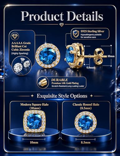 2 Pairs S925 Sterling Silver Stud Earrings for Women Halo Cubic Zirconia | 14K Gold Plated Hypoallergenic Non Tarnish Round Square Silver Stud Earring for Women Men Dainty Trendy Jewelry - style: Gold-Blue Stone