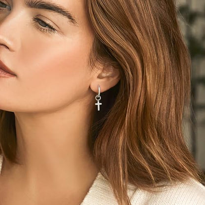 DAILY VIBES Cute Butterfly Star Cross Heart CZ Dangle Earrings for Women | 925 Sterling Silver Post, 14K Gold or Silver Plated, Mini Cubic Zirconia Dainty Drop, Cartilage Small Huggie Hoop Earrings - color: Silver Cross CZ