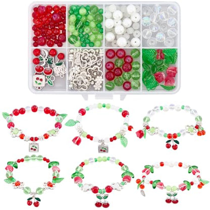 SUNNYCLUE 1 Box DIY 6 Sets Christmas Bracelet Making Kit Cherry Charms Metal Alloy Enamel Green Leaves Red Fruits Food Cherry Dangle Baking Painted Glasses Beads Charm for Jewelry Making Kits Starter - style: Cherry 1