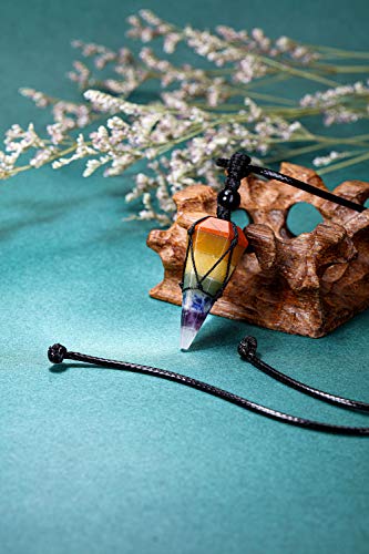 Top Plaza Mens Necklace, Crystal Gemstone Protection Pendant Necklace | Healing Crystals Necklace for Men Adjustable 6 Facet Pointed Necklace Energy Natural Quartz Protect Jewelry Gifts - color: 7 Chakra