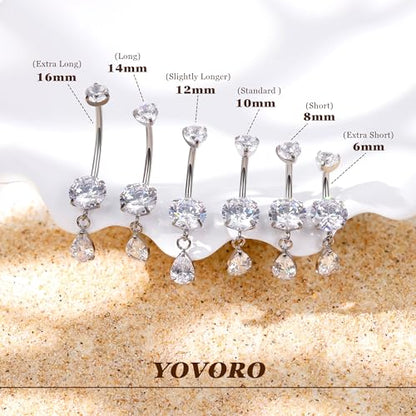 14G G23 Pure Titanium Dangle Belly Button Ring for Women Teardrop Dangling Belly Ring Internally Threaded Barbell Dainty Dangly Navel Ring CZ Belly Piercing Jewelry 6-16MM - color: Silver, size: Bar Length 16mm-Longest