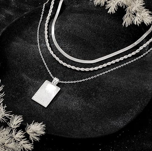CHESKY Layered Silver Necklace for Women Trendy,Dainty Silver Plated Stackable Charm Necklace Layering Paperclip Tennis Rope Chain CZ Pendant Jewelry Set Gifts - style: Square