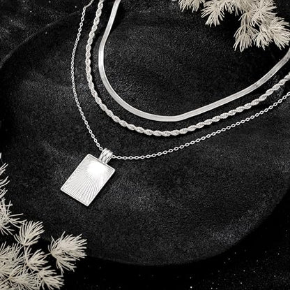CHESKY Layered Silver Necklace for Women Trendy,Dainty Silver Plated Stackable Charm Necklace Layering Paperclip Tennis Rope Chain CZ Pendant Jewelry Set Gifts - style: Square
