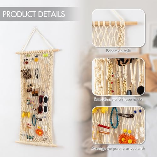 Hanging Jewelry Mesh Organizer with 20 Pieces S Shape Hooks | Macrame,Wall Mounted,Necklaces Storage,Earring Display Rack,Girls Hair Clips Hanger,for Bracelets and Rings, Yellow Cotton - color: Yellow cotton