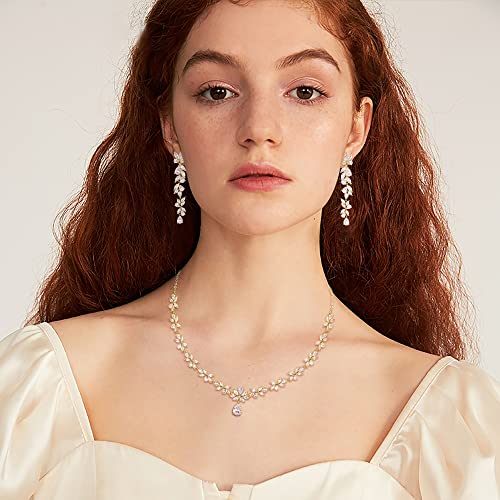 Crysdue Women's Wedding Bridal Jewelry Set for Brides Bridesmaids Cubic Zirconia Flower Leaf Vine Necklace Dangle Earrings for Prom Party - style: 14-gold