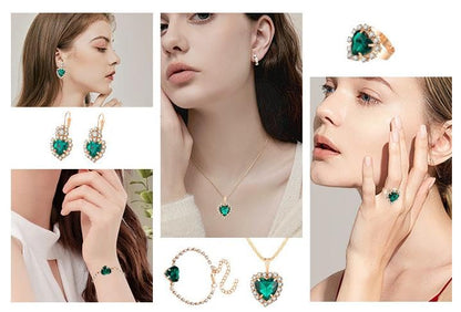 MALOYANVE 4PCS Crystal Heart Jewelry Set Glitter Gold Cubic Zirconia Love Heart Pendant Necklace Lightweight Hoop Earrings Bangle Bracelet Adjustable Open Ring Prom Wedding Jewelry for Women - color: Green