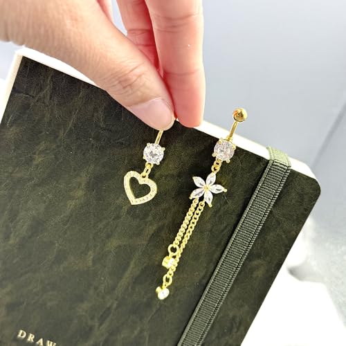 5PCS Crystal Belly Button Ring for Women Dangle Navel Belly Piercing Jewelry Cute Bow Butterfly Heart Angel wings Navel Belly Rings 14G Silver Surgical Steel Belly Button Stud - color: Gold-4pcs