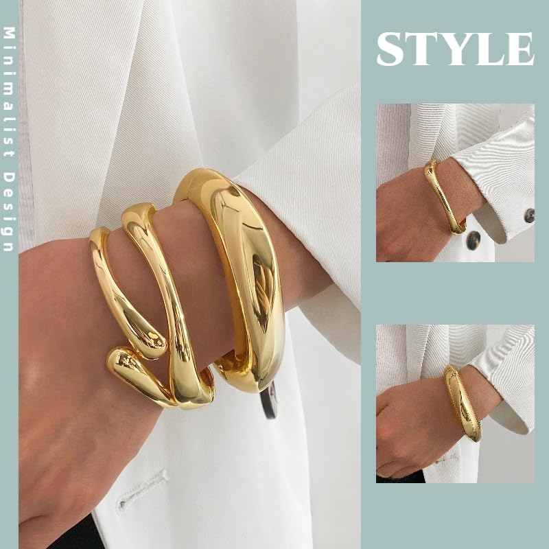 Chunky Gold Bangle Bracelets for Women – 14K Gold Plated, 3-Piece Stackable Cuff Bangles Set, Trendy Minimalist Jewelry - style: Gold-1