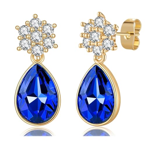 Elegant Austrian Crystal Teardrop Dangle Earrings for Women,14K Gold Plated Flower Drop Earrings Jewelry Gift for Birthday Wedding Anniversary - color: Sapphire