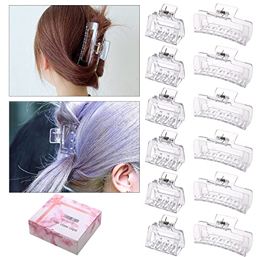 12 Pack Clear Square Claw Clips, Big and Small Neutral Rectangle Hair Claw Clips, Non-slip Matte Large Hair Clips for Women,Strong Hold jaw clip for Thick Thin Hair - color: Mixed Clear
