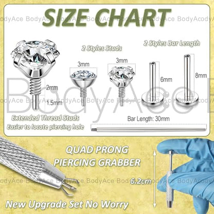 Long Internally Threaded Tragus Piercings 16G 18G 20G Medusa Lip Jewelry Surgical Steel Flat Back Earrings Cartilage Helix Studs Nose Rings Monroe Labret Stud - color: 20G(0.8mm);BL:6mm