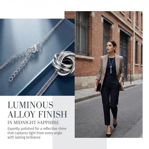 Long Silver Tone Tassel Necklace for Women Trendy Western Jewelry Knot Pendant Statement Snake Chain Lovely Charm for a Great Present