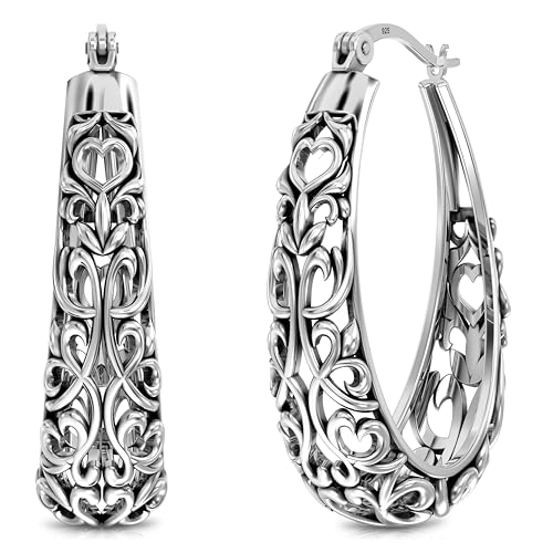 LeCalla 925 Sterling Silver Hoop Earrings | Women's Filigree Hoop Earrings | Openwork Mesh Filigree Cut Earring | Lightweight & Hypoallergenic Vintage Hoop Earrings for Women - style: Antique Vintage Filigree
