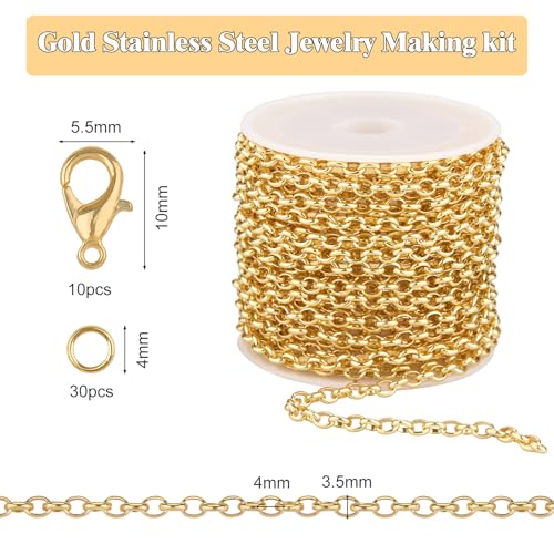 GTVOODX 16.4 Feet Gold Filled Stainless Steel Rolo Chain for Jewelry Making | Unfinished Permanent Jewelry Chain Roll for DIY Jewelry Bracelet Necklace Making with Lobster Clasps Jump Rings - color: Gold Rolo Chains