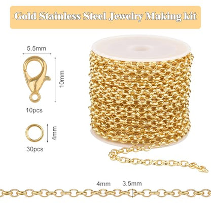GTVOODX 16.4 Feet Gold Filled Stainless Steel Rolo Chain for Jewelry Making | Unfinished Permanent Jewelry Chain Roll for DIY Jewelry Bracelet Necklace Making with Lobster Clasps Jump Rings - color: Gold Rolo Chains