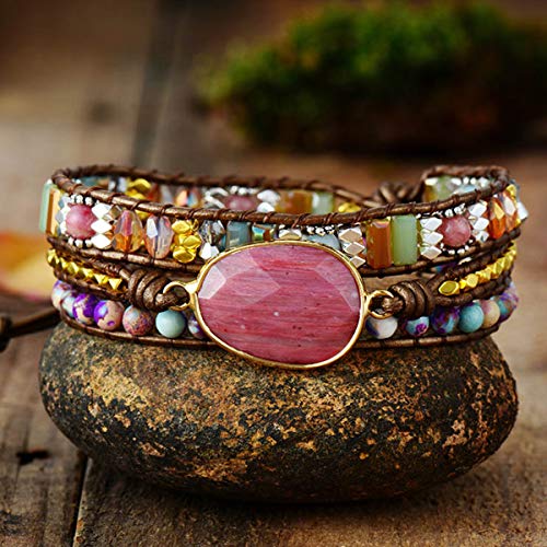 Handmade Boho Wrap Bracelets Natural Turquoise Crystal Stone Variety Beaded Strand Bracelet - color: Red Agate